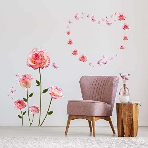 Taciwaz Flowers Wall Sticker Pink Rose with Butterflies, Removable Wall Decal for Sofa Background Bedroom Living Room Kids Room Decorationâ€¦