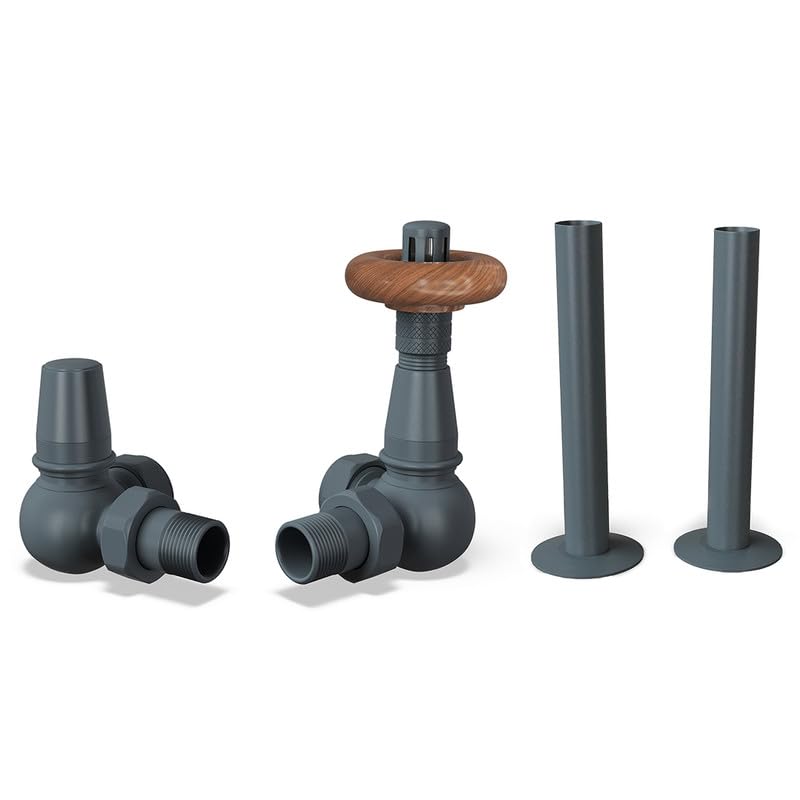 UK Radiators Anthracite Thermostatic Radiator Valves and Corner Lockshield Valve - Matt Anthracite Finish - Traditional Design 1/2" x 15mm Corner Radiator Valves with 130mm Pipe Sleeves