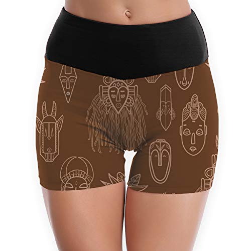 Women's Stretch Athletic Workout ShortsHand Drawn African Masks. Seamless Vector PatternWorkout Yoga Shorts S