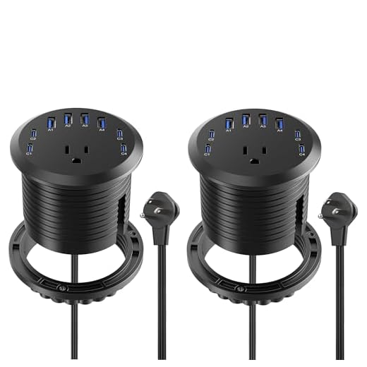 Jgstkcity 65W USB-C Hidden Desktop Power Grommet: 1 AC Outlet,8 USB Charging Ports,3'' Hole Flush Mount Pop-Up Power for Conference Tables & Nightstands (Black, 6 FT - 2PCS)
