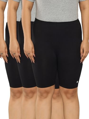 Image of LEADING LADY Women's Solid Cotton Mid Rise Shorts | Skinny fit Short for Workout, Yoga, Gym & Running Shorties (Pack of 3)