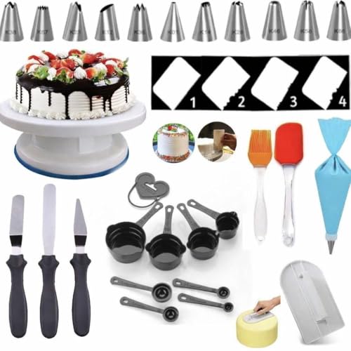 Image of Cake Making Set Combo Cake Turntable,12 Cake Decorating Nozzle,8-Pc Black Measuring Cups Silicone Spatula and Brush Set, 4 Pcs Set Scraper, Cake Smoother,3 Pcs Knife (All Product Reusable)