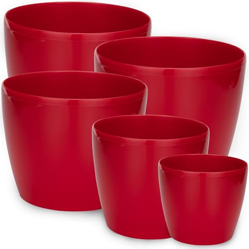 Peczeko Macetero Brillantes, Macetero De Plástico, Macetero Decorativo Para Flores Grandes Y Pequeñas, Juego De 5 Maceteros, Maceteros, Maceteros Para Hierbas, Paquete De 5 Rojo, Ø 12 Cm