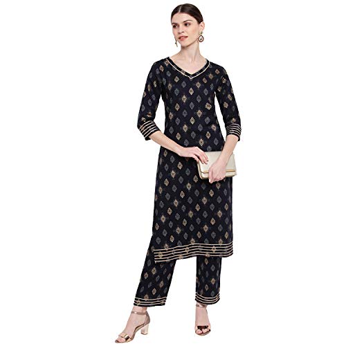 Image of Khushal K Women's Rayon Foil Print Kurta With Palazzo Set (Blue)