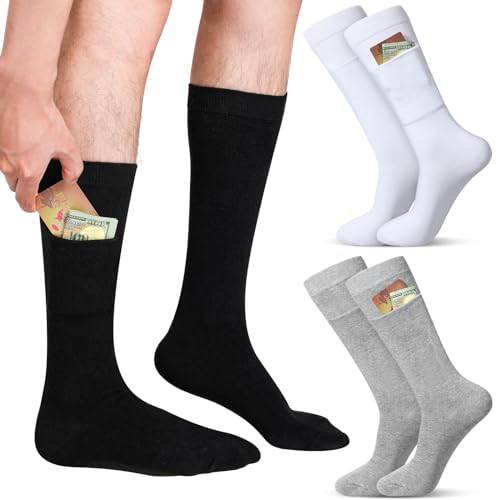 Shihanee 3 Pairs Mens Novelty Pocket Dress Socks Wallet Crew Socks with Hidden Pockets for Traveling, Hiking, Cycling, Working