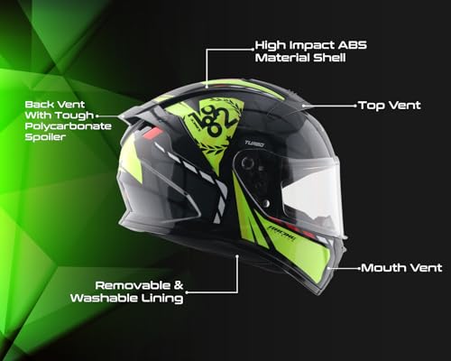 Image of Vega VF 10 Turbo Squad Full Face Motorcycle Helmet with Dual-Tone Design, Shock Absorbing Liner, Lightweight Build, Ventilated Fit, Aerodynamic Design, and Trendy Black Neon Yellow Finish Black Neon Yellow -L