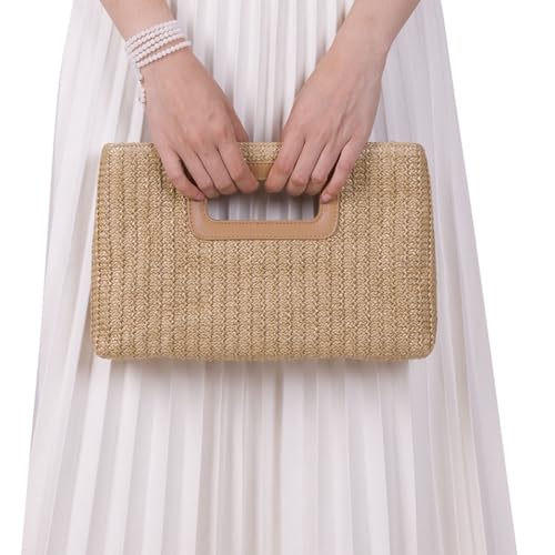 Image of Women Top Handle Handbag Chain Crossbody Bag 2026 Summer Raffia Straw Clutch Beach Vacation Evening Square Purse