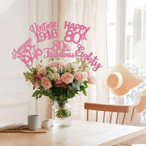 Image of 15 PCS 80th Birthday Centerpiece Sticks Glitter Eighty Happy 80 Vintage 1946 Table Flower Centerpieces Sticks Cheers to 80 Fabulous Floral Decorations for 80th Birthday Party Supplies Pink