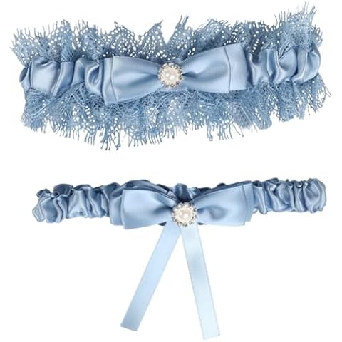 VEPYCLY Lace Wedding Garters for Bride with Pearl Party Prom Leg Garter Belt (Blue,One Size) Cover