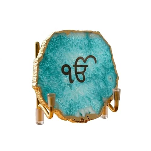Image of Ik Onkar Metal Agate Holder | Turquoise Agate Stone | Spiritual Home Decor | Temple & Pooja Room Accent | Positive Energy Symbol | Corporate Gift Item