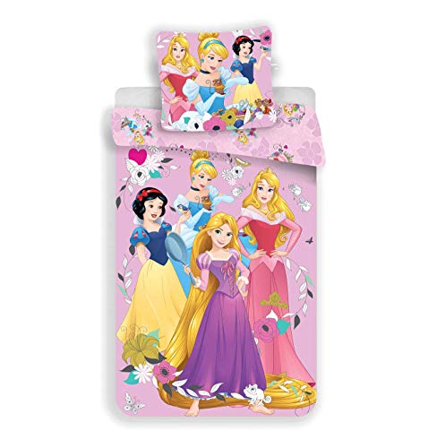 JFabrics Parure de lit Princesses Disney 100% Coton - Housse de Couette 140x200 cm + Taie d'oreiller 65x65 cm