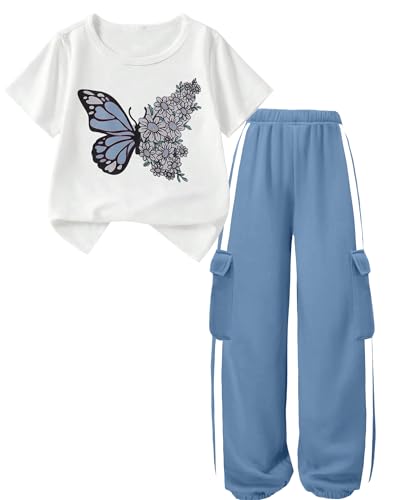 Image of Girls 2 Piece Outfit, Graphic Short Sleeve T-Shirt and Cargo Jogger Sweatpants Set, Ages 4-13