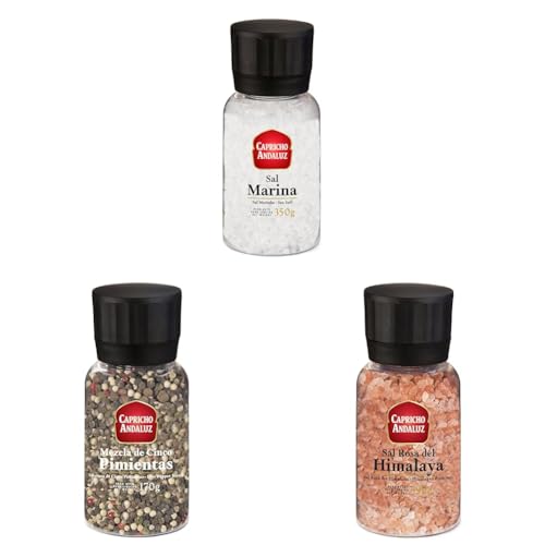Pack 3 Molinillos: Sal Rosa del Himalaya 390gr, Sal Marina 350gr y Mix 5 Pimientas 170gr – Condimentos Naturales para Realzar Sabores y Sazonar Todo Tipo de Platos