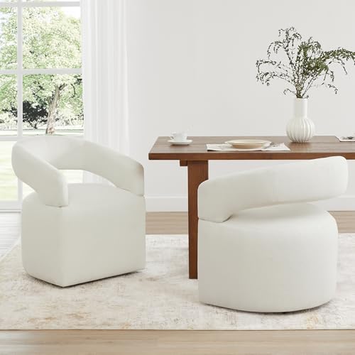 Image of KISLOT Upholstered Dining Chairs Set of 2, Modern Rolling Dining Chairs with Hidden Casters, Arm Kitchen Chairs with Linen Look Fabric, Padded Barrel Chairs for Dining Room, Kitchen, Bedroom, Ivory