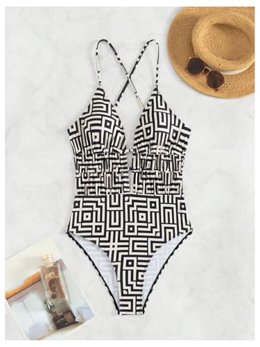 Floerns Women's One Piece Swimsuit Geo Print Criss Cross Tie Back Tummy Control Beachwear4