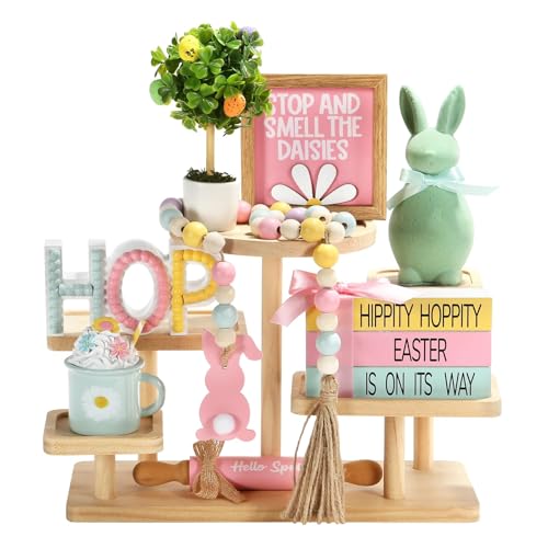 8 PCS Easter Spring Decorations, Easter Bunny Tiered Tray Decoration Set, Spring Table Centerpieces 3D Wood Signs Decorative Plaques for Rustic Farmhouse Shelf Mantel Office Coffee Bar