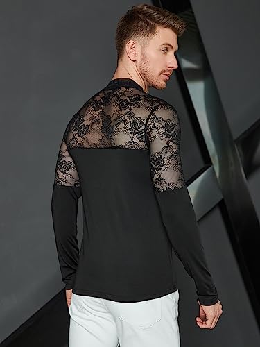 WDIRARA Men's See Through Floral Lace Mock Neck Long Sleeve Casual Tee Shirt Top2