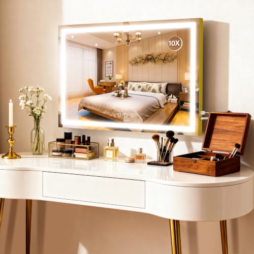 Image of ROLOVE Gold Hollywood Vanity Mirror with Lights, 35.5 inch x 27 inch Large Makeup Mirror, Luxury Gold Frame, USB Charging Port, 3 Color Dimmable Lighting, Detachable 10X Magnifier, Wall Mounted or Tabletop