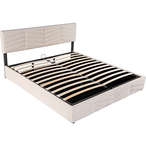 Merax Polsterbett 160x200cm mit Lattenrost und Verstellbares Kopfteil, Doppelbett mit Stauraum, Hydraulisches Funktionsbett für Erwachsene & Jugend, Samtstoff, Beige (Ohne Matratze) – Bild 6