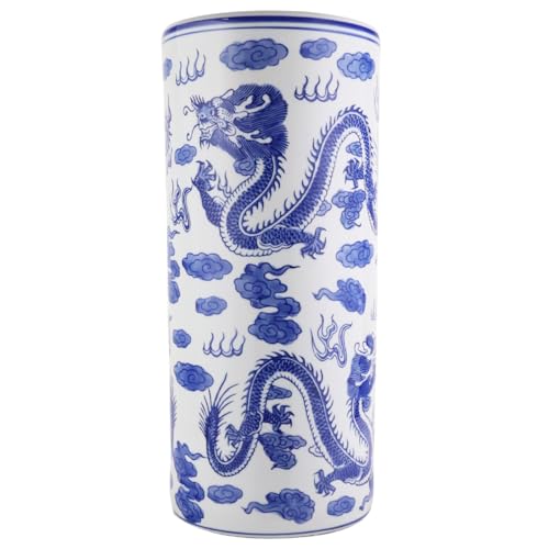 Oriental Furnishings Blue and White Dragon Porcelain Umbrella Stand