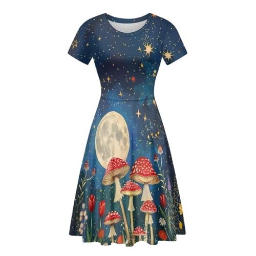Image of HUGS IDEA Womens Puffy Swing Midi Dress Round Neck Short Sleeve Party A-Line Dresses