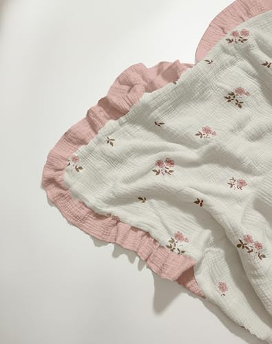 Image of Muslin Ruffled Baby Blanket, Extra Large 52 x 52 Inches, Soft Breathable Cotton Crib Blanket for Newborn Infant Toddler (Vintage Blossom-Ruffled, Printed)