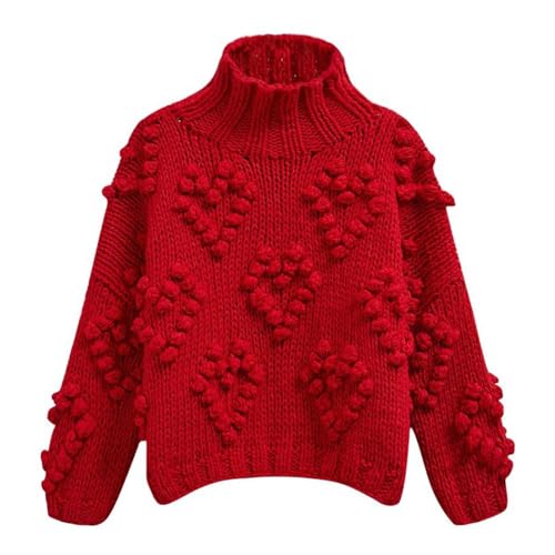 Image of CHICWISH Womens Turtleneck Sweater Heart Pom Pom Pullover Sweaters Long Sleeve Loose Chunky Knit Sweater Tops