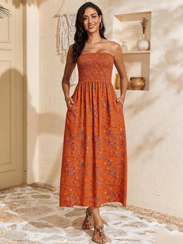 Image of Capuffy Women Strapless Boho Maxi Dress Sleeveless Tube A Line Summer Sundress with Pockets Flowy Swing Beach Dress 33