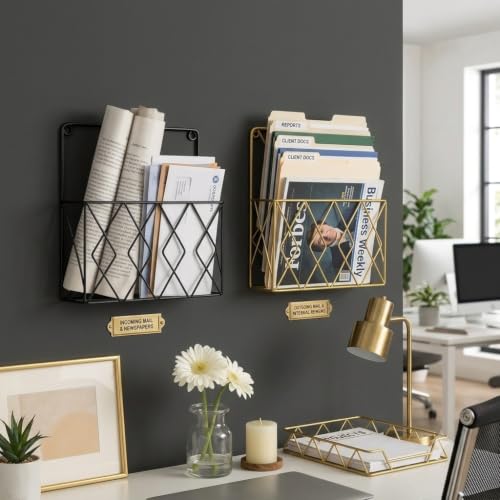 Image of CentraLit 2 Pieces Wall Decor Hanging File Magazine Holder with Hooks - Magazine Newspaper Rack Black Gold Combo File Storage Rack for Office - Home Decor Wall Art Display Rack for Organisation