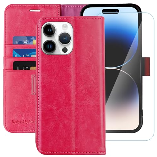 Image of MONASAY Vegan Leather Fit for iPhone 14-Pro 5G Wallet Case, 6.1-inch, [Glass Screen Protector Included] [RFID Blocking] Flip Folio Phone Cover with Credit Card Holder,Hot-Pink