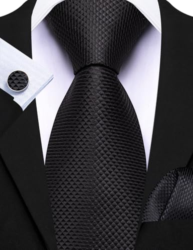 Image of Barry.Wang Plaid Ties for Men Silk Necktie Handkerchief Cuff Links Set