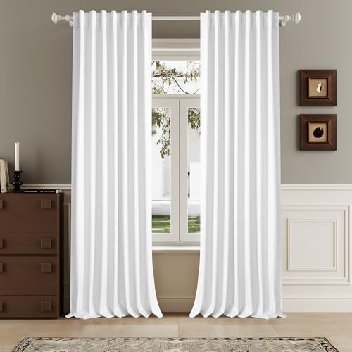 Pure White Linen Full Blackout Curtains 108 Inch Length 2 Panels Set for Living Opaque Privacy Back Tab Thermal Insulated 100% Black Out Room Darkening 9ft Window Curtain Drapes 108 Inches Long