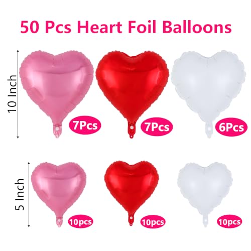 Image of 50 Pcs Red Pink White Heart Balloons,5 Inch and 10 Inch Heart Foil Balloons Love Balloon Valentine Balloon for Birthday Party Wedding Engagement Party Baby Shower Valentine Day Decorations