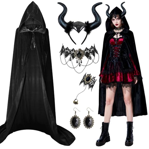 Maleficent Kostüm Damen,170cm Teufel Umhang Teufelshörner Haarreif Gothic Spitze Zubehör, Halloween Samt Cape schwarzer maleficent Umhang mit...