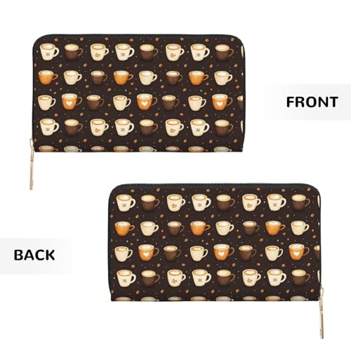 Classic Cappuccino Coffee Print Wallet Women Men, Long PU Leather Wallets for Women, Cute Womens Travel Wallet Purse Pouch with Zipper Pocket2