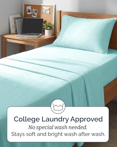 Image of Twin XL 4 Piece Sheet Set - College Dorm Room Essentials - Spa Blue | Ultra Soft Dorm Bedding Set, 8 inch to 16 inch Inch Deep Pockets, 1 Flat & 1 Fitted Sheet & 2 Pillowcases, Wrinkle & Fade Free