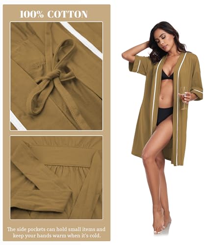 Image of ANLIQI Womens 100% Cotton Robes Lightweight Summer Short Sleeve Lady Bathrobe Knee Length Kimono Robe Sleepwear with Pockets