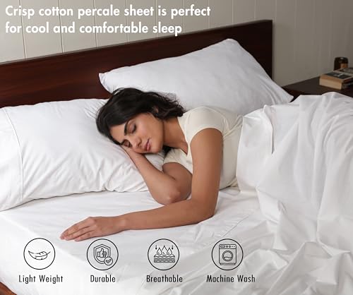 Image of RUVANTI 100% Cotton Percale Sheets King - Crisp Cooling Summer Bed Sheets for Hot Sleepers, Deep Pocket 14 inch, Soft Peach Finish, Breathable & Durable Hotel-Style 4 Piece Set, Ivory