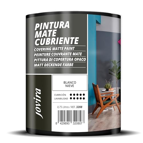 JOVIRA PINTURAS Pintura Mate Cubriente | Colores | Pintura interior-exterior con excelente poder cubriente. (750 Mililitros, Blanco Nieve)-T