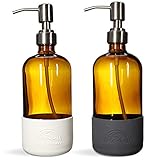 Savvy Planet Amber Glass Round Bottles w/Stainless Steel Pumps (2 Pack), Soap Dispenser with Silicone Sleeve Boot Great for Essential Oils, Lotions, Liquid Soaps