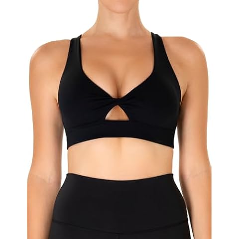 YUNOGA Women's Workout Sports Bras Twist Front Padded Yoga Bras Medium Supports Criss Cross Back Fitness Bra Tops (Black,M) Cover
