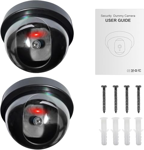 Image of Dummy Fake Security CCTV Dome Camera with Flashing Red LED Light with Security Alert Sticker Decals, Fake Security Cameras with LED Light (1 pcs) (Black)