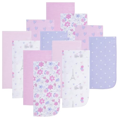 Image of EVERYDAY KIDS 12 Pack Burp Cloths for Baby Girl - Paris, Flowers and Hearts