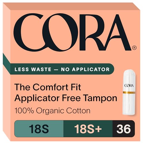Cora 100% Organic Cotton Non-Applicator Tampons | Ultra-Absorbent, Unscented, Natural, Non-Toxic, Applicator Free | Eco-Conscious S/S+ (36 S/S+ Tampons)