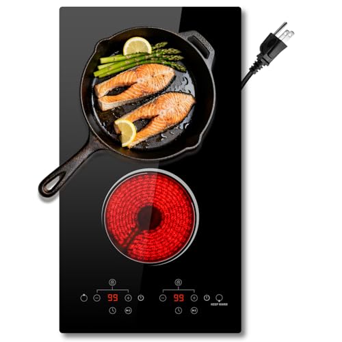 Image of 2 Burner Electric Cooktop 2000W, 12 Inch Electric Cook Top Plug in 110V, Electrics Stove with Touch Control, Countertop & Built-in Ceramic Stovetop, 9 Heating Level, Timer, Residual Heat Indicator