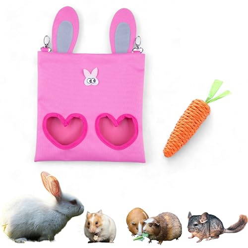Hanging Rabbit Hay Feeder Bag with Chew Toys Set, Guinea Pig Hay Feeder, Bunny Feeders Holder Storage for Small Pets Bunnies Chinchilla Guinea Pigs Hamster Rats (Pink) - image 8