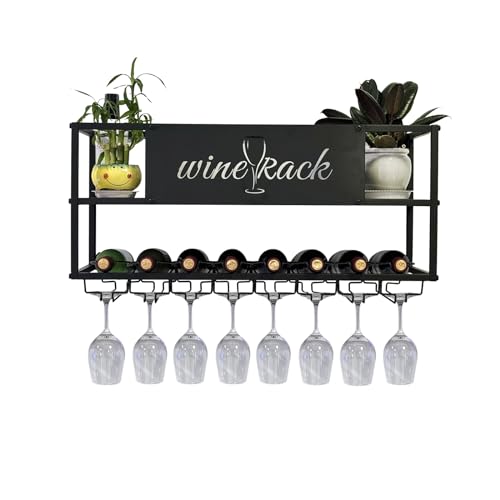 Casier à vin mural à LED en métal noir avec support pour verres - 2
