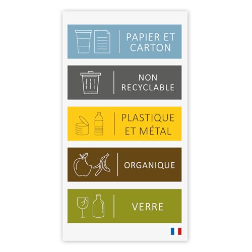 younikat Lot de 5 bandes autocollants pour poubelles I taille 10 x 3 cm I rectangulaire I en français I pour le tri des déchets I recyclage des déchets I...