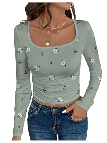 SOLY HUX Women's Floral Print T Shirt Ruched Square Neck Long Sleeve Tee Casual Crop Tops Green Floral Medium