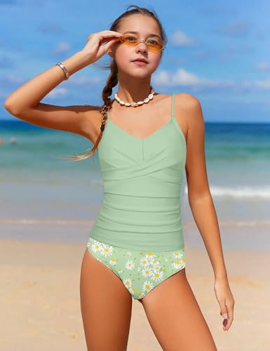 Image of Girls Swimsuit 2 Piece Bathing Suit Criss Cross Ruched Girl Tankini Sets Printed Girls' Swimwear for 9-18 Years